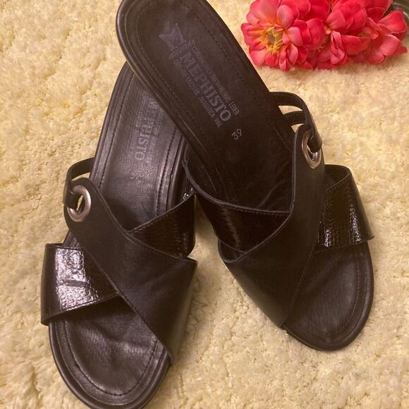 Mephisto Black Leather Heeled Sandals - Picture 1 of 10